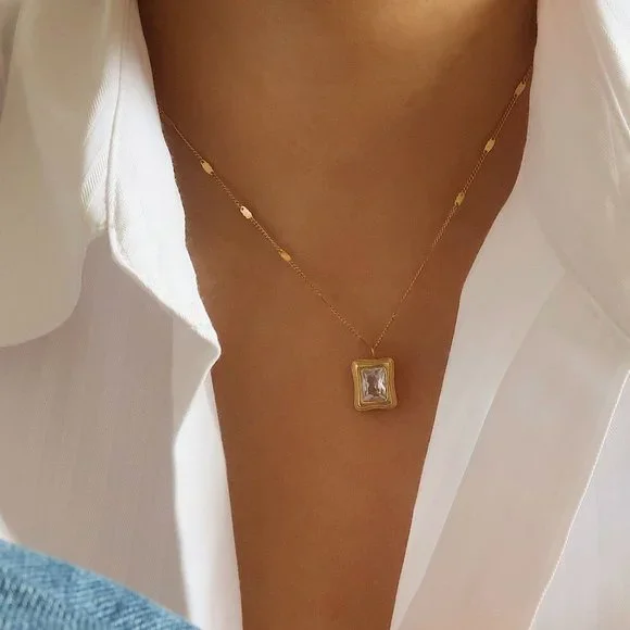 NEW 18K Gold Plated Radiant Cut Diamond Square Pendant Necklace